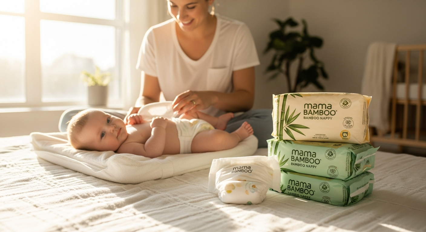 Mama Bamboo eco-friendly bamboo nappies package displayed with natural bamboo leaves and sustainable materials