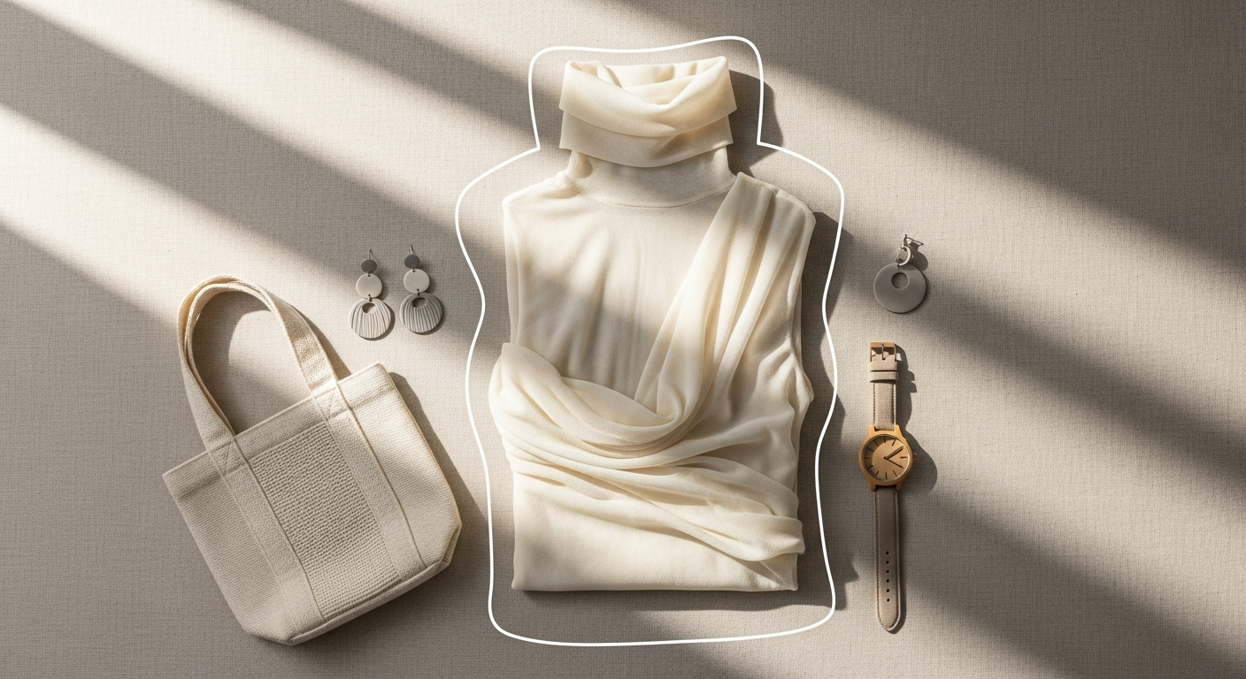 Marcella Eloise Sheer Turtleneck Top in neutral tone showcasing thumbhole cuffs and extended torso design