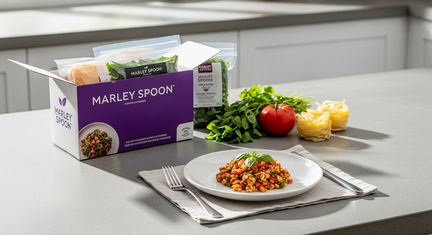 Marley Spoon meal kit ingredients and recipe card arranged on a kitchen counter for single-serving preparation