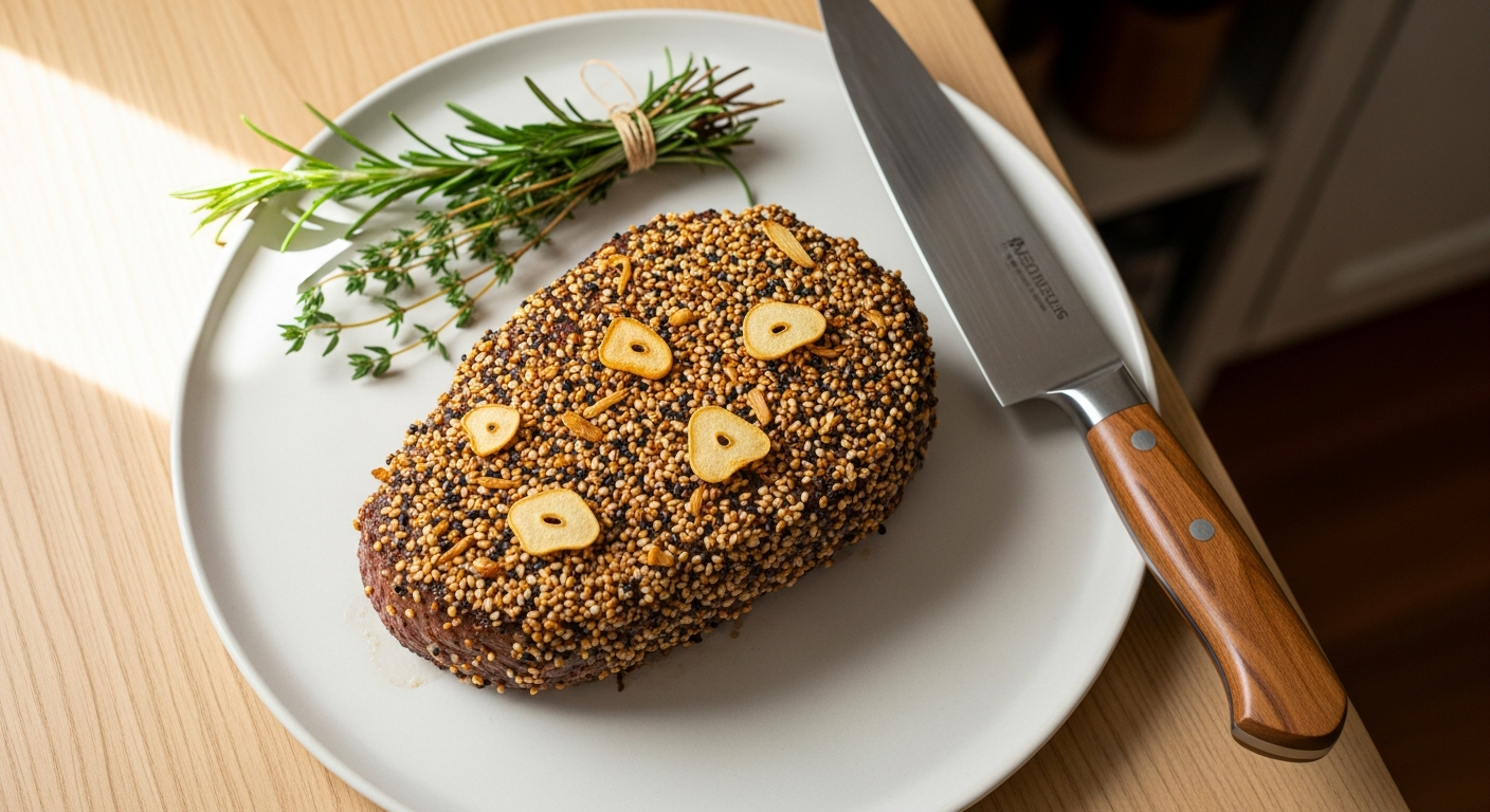 Everything bagel-crusted sirloin steak with fresh salad on a white plate ready to serve