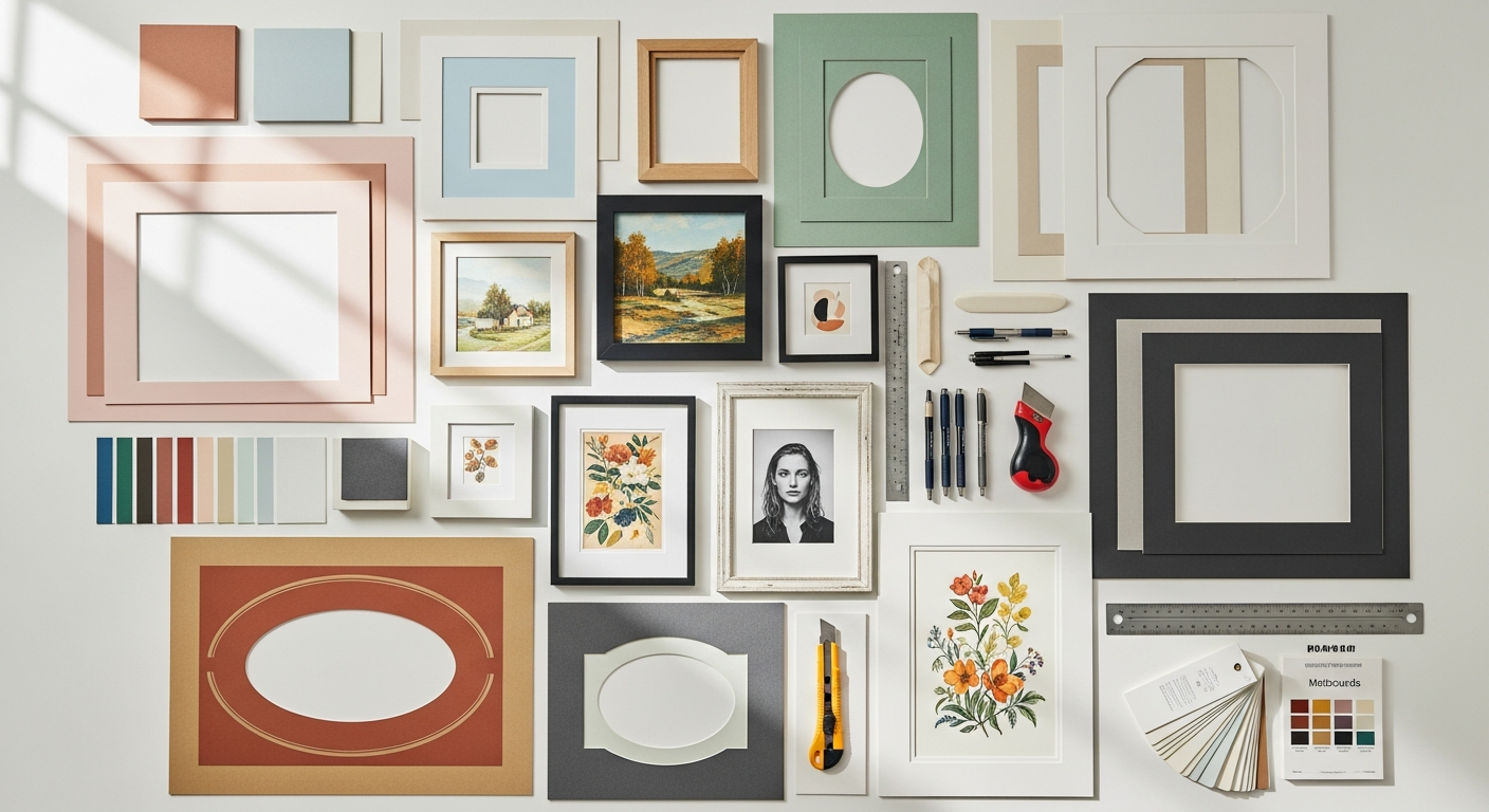 Custom matboards in various colors and sizes displayed with framed artwork and photographs