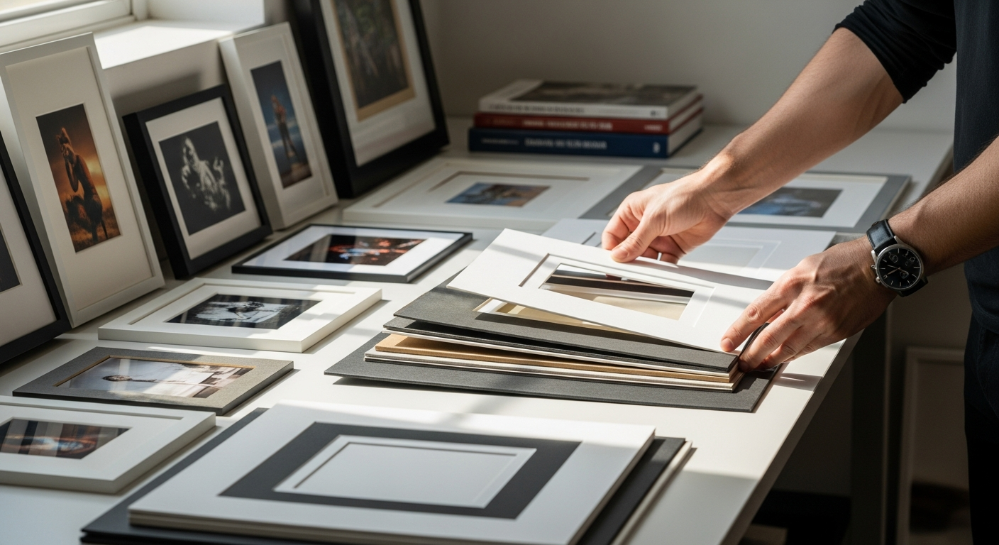 Professional photographer selecting custom matboards for artwork and photography framing