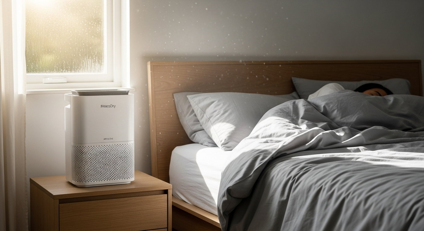 MeacoDry Arete One Dehumidifier Air Purifier unit displayed in a modern bedroom environment