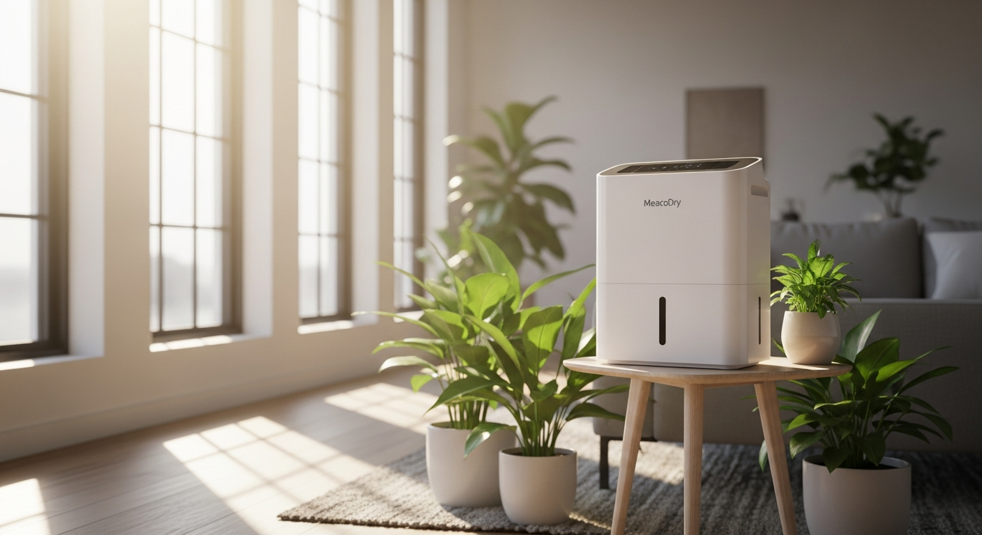 MeacoDry Arete One dehumidifier and air purifier unit displayed in a modern bedroom environment