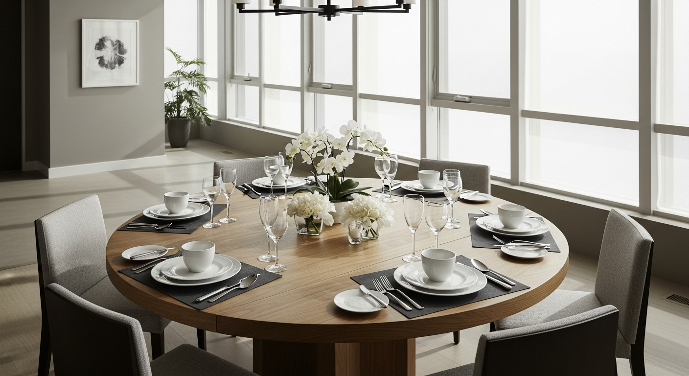 Amelia Round Extendable Dining Table in natural solid wood with extended leaf configuration