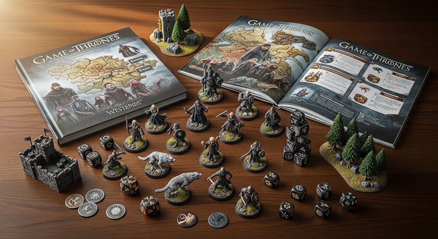 A Song of Ice and Fire Tabletop Starter Set with detailed plastic miniatures, rulebook, cards, and gaming components displayed