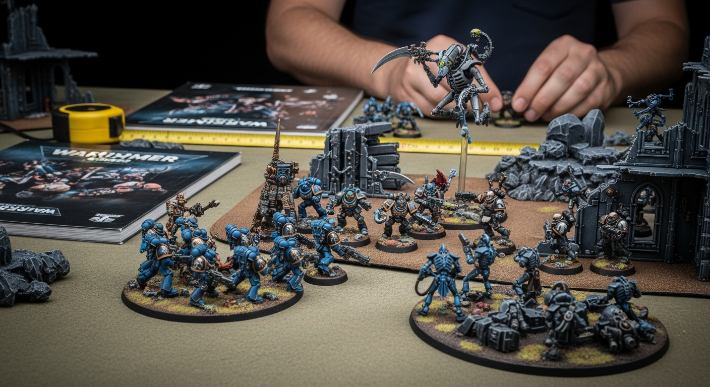 Warhammer 40,000 Combat Patrol Starter Set box with colorful faction miniatures and gaming components displayed