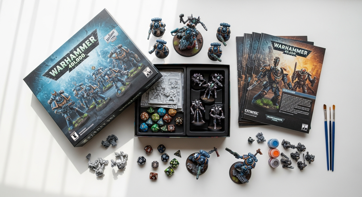 Warhammer 40,000 starter set box with Space Marines and Tyranid miniatures displayed