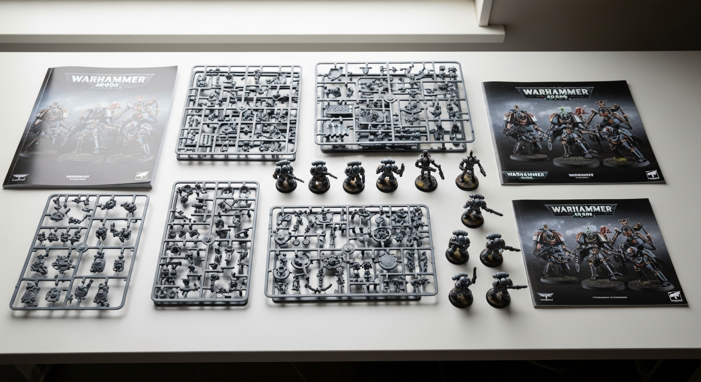 Warhammer 40,000 Recruit Edition Starter Set with Space Marines and Necrons miniatures displayed