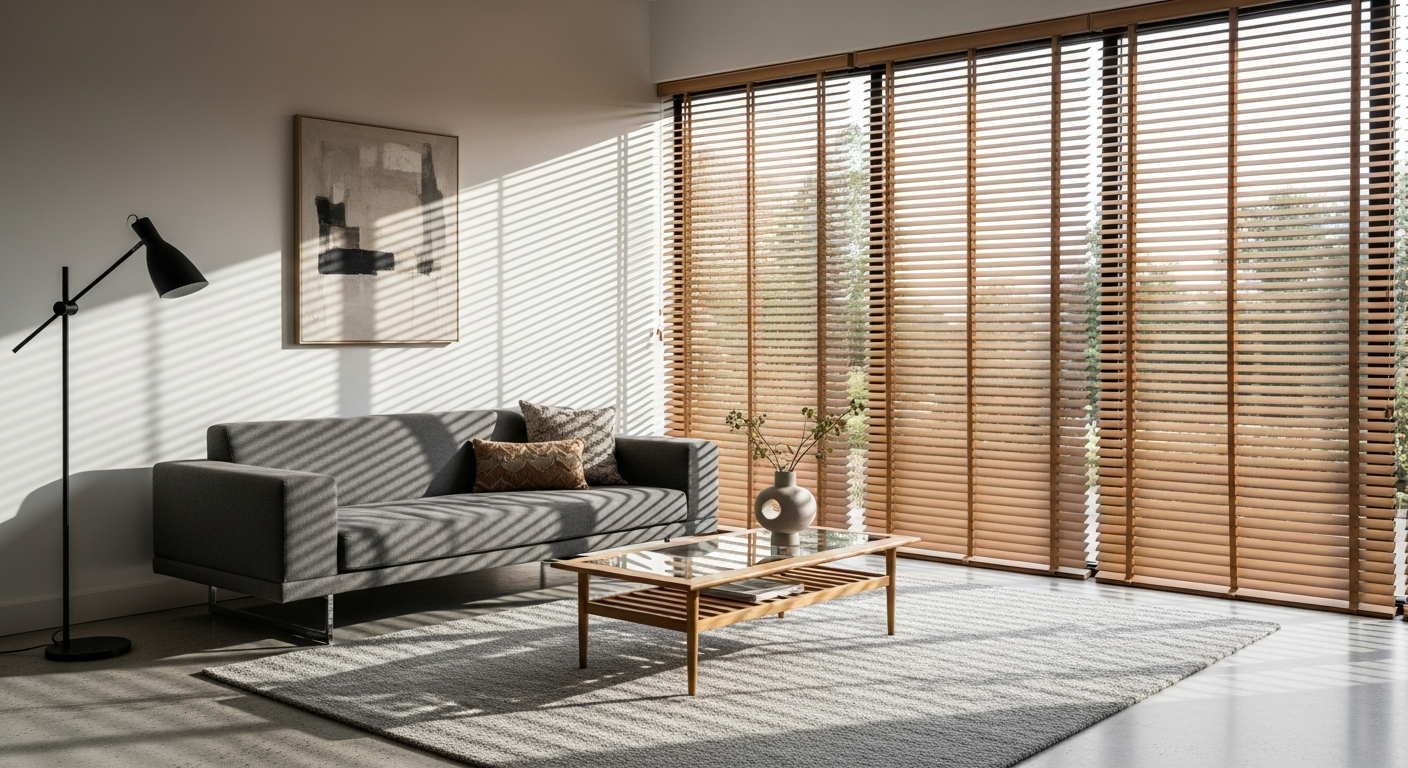 Modern wooden blinds in natural oak finish installed on large residential window with contemporary interior design