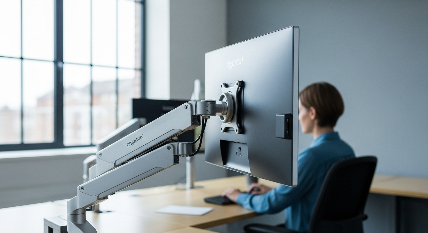Ergotron LX desk monitor arm mounted on office desk with adjustable positioning
