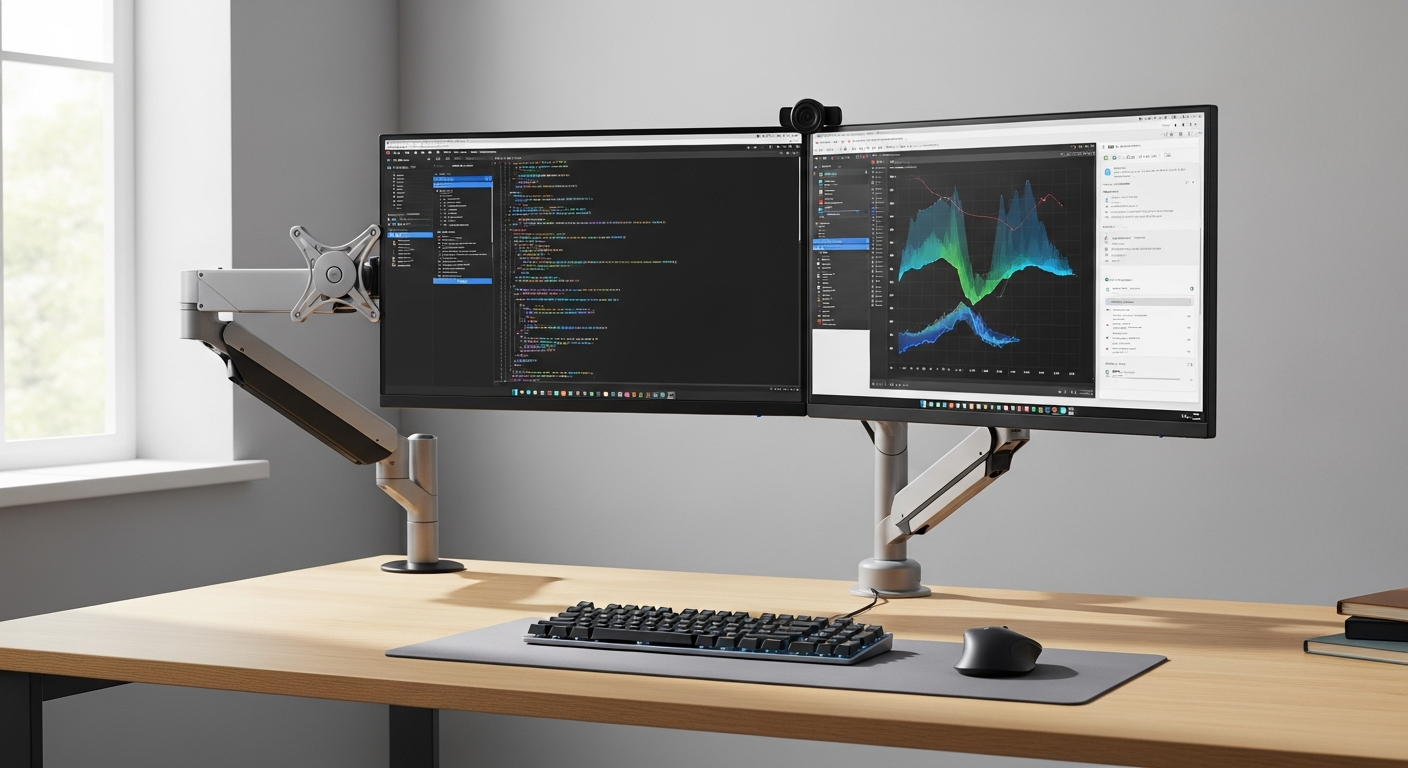 Professional Ergotron LX monitor arm mounted on desk supporting multiple displays in optimized workspace configuration