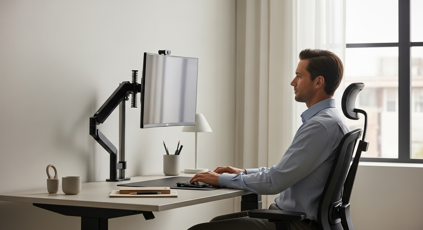 Ergonomische Monitor Tischhalterung mit Gasfeder an modernem Schreibtisch mit höhenverstellbarem Setup
