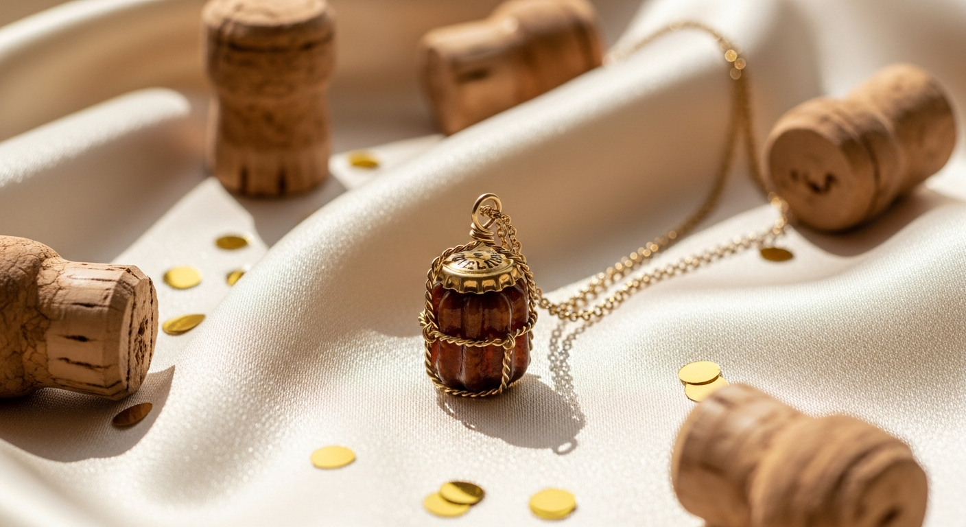 Elegant vermeil Le Petit Muselet champagne cork cage pendant necklace on delicate gold chain