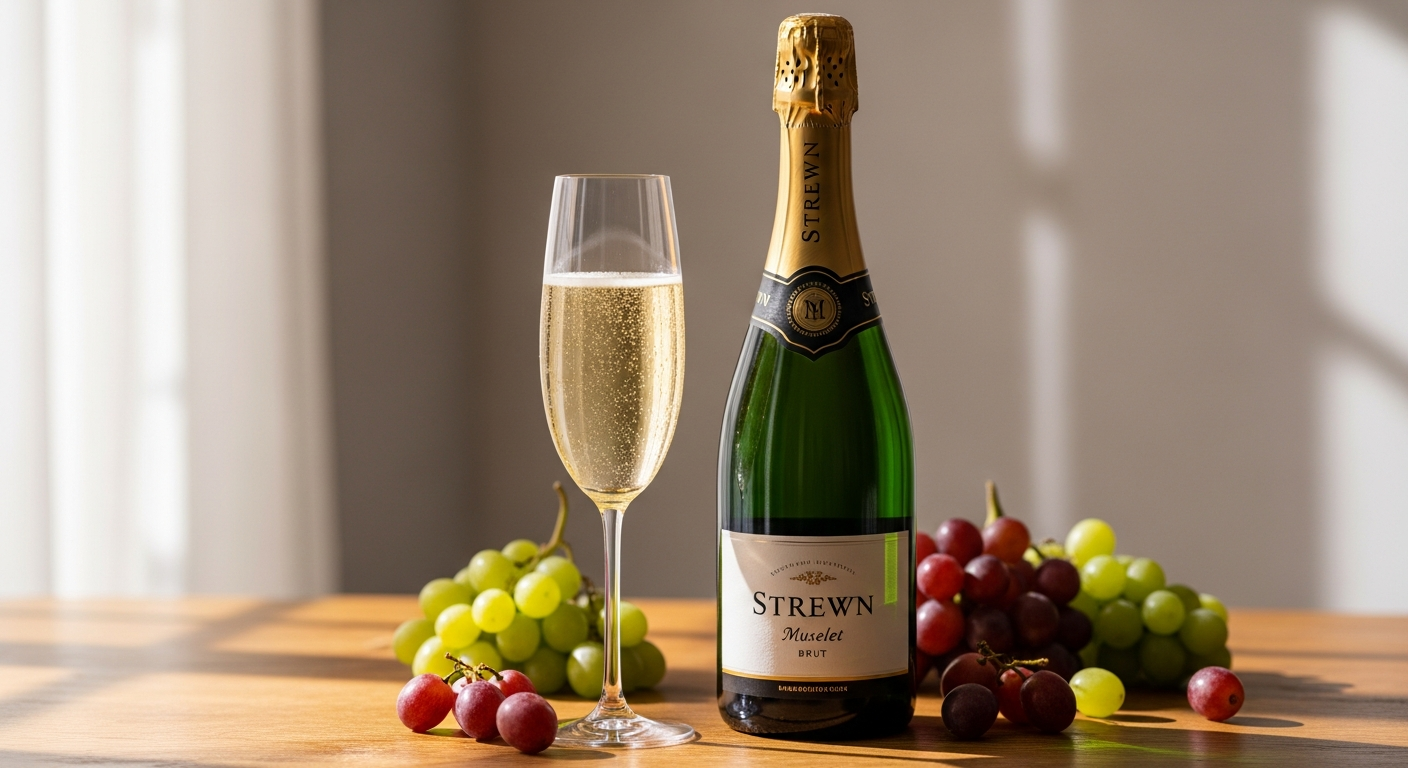 Strewn Muselet Traditional Sparkling Wine bottle with elegant label and wire muselet cage on dark background