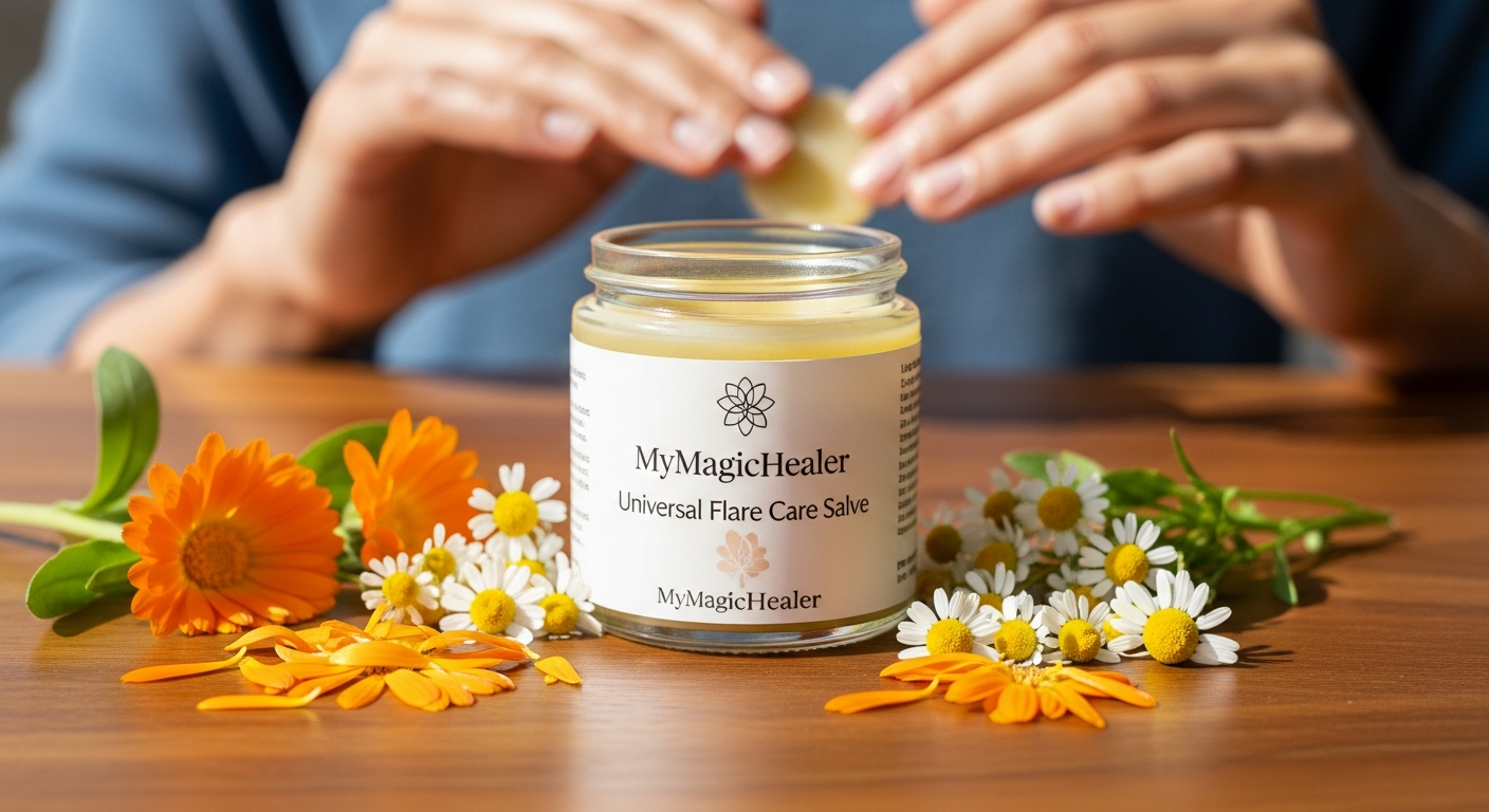 MyMagicHealer Universal Flare Care Salve jar displayed with natural healing ingredients and skin relief benefits