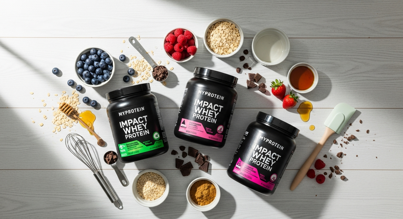 Myprotein Impact Whey Protein Powder in vanilla flavor with fresh berries and kitchen baking ingredients