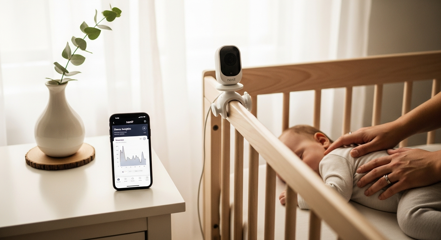 Nanit Pro Smart Baby Monitor System displaying 1080p HD video feed with breathing tracking analytics on smartphone app