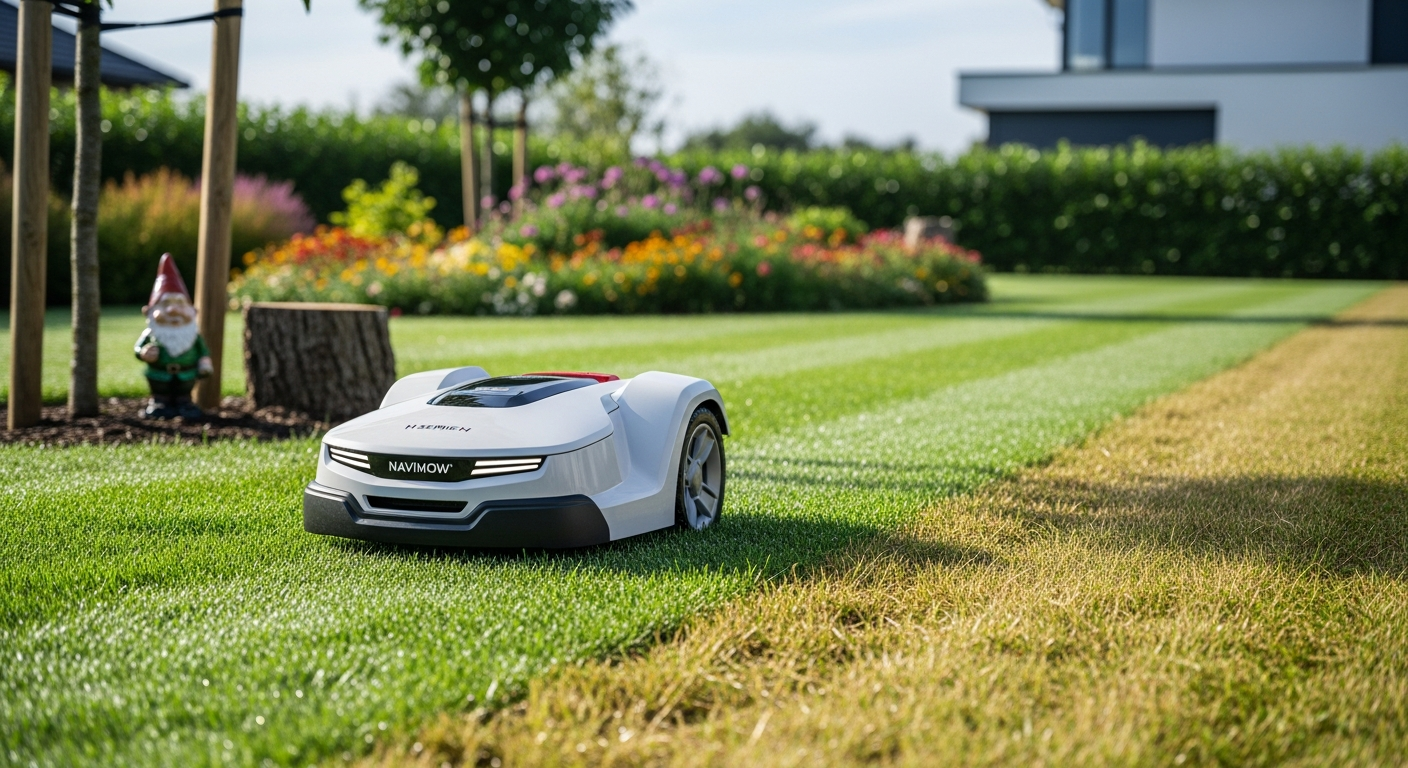Navimow H Series robotic mower navigating a complex yard with slopes and obstacles