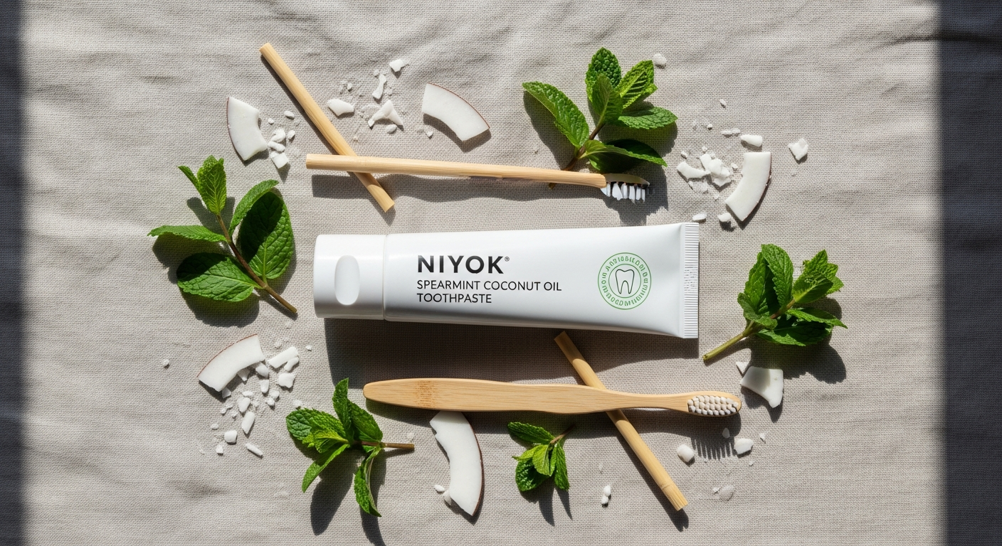 Niyok Coconut Oil Toothpaste Spearmint tube with spearmint leaves and coconut on white background