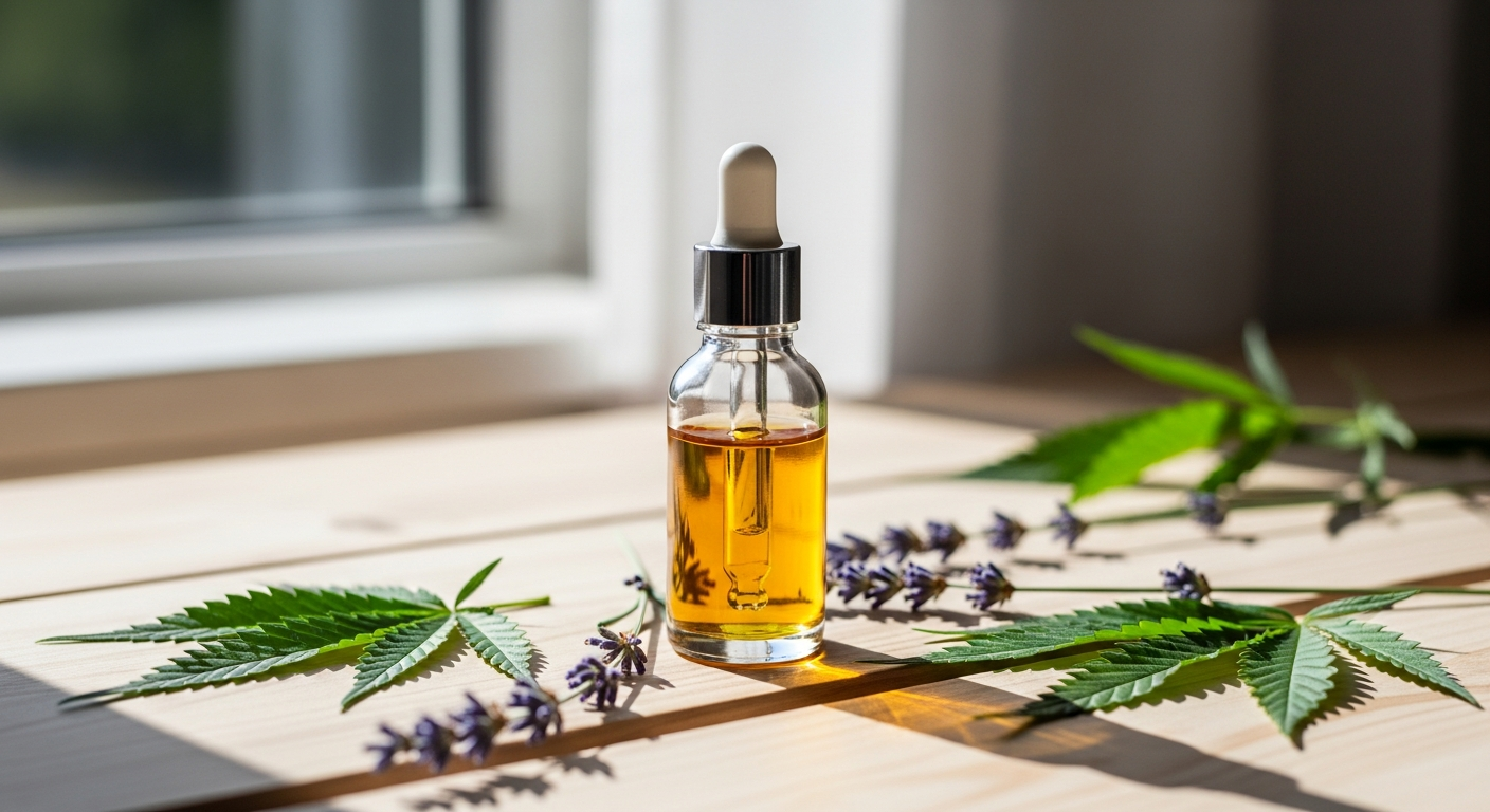 Nordic Oil CBD Öl 10% Plus full-spectrum hemp oil bottle with dropper and wellness ingredients displayed