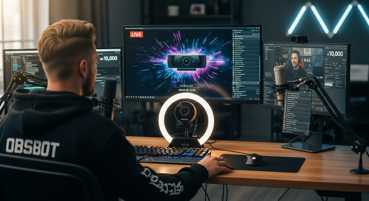 OBSBOT Tiny 2 AI-powered 4K webcam mounted on streaming desk with gimbal and tracking features