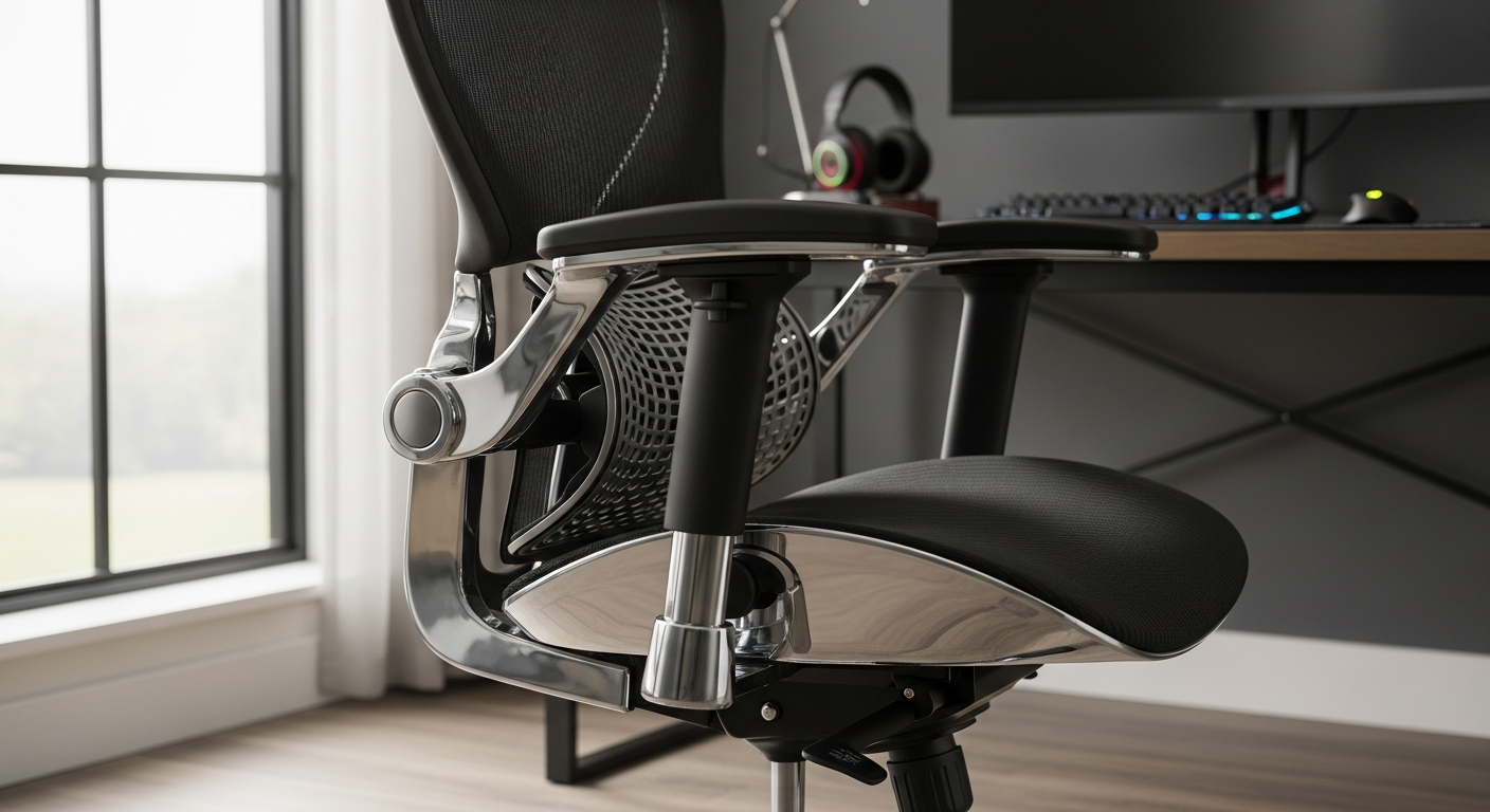 OFM Adjustable Ergonomic Swivel Gaming Chair in gray bonded leather with mesh accents displayed in modern home office setup