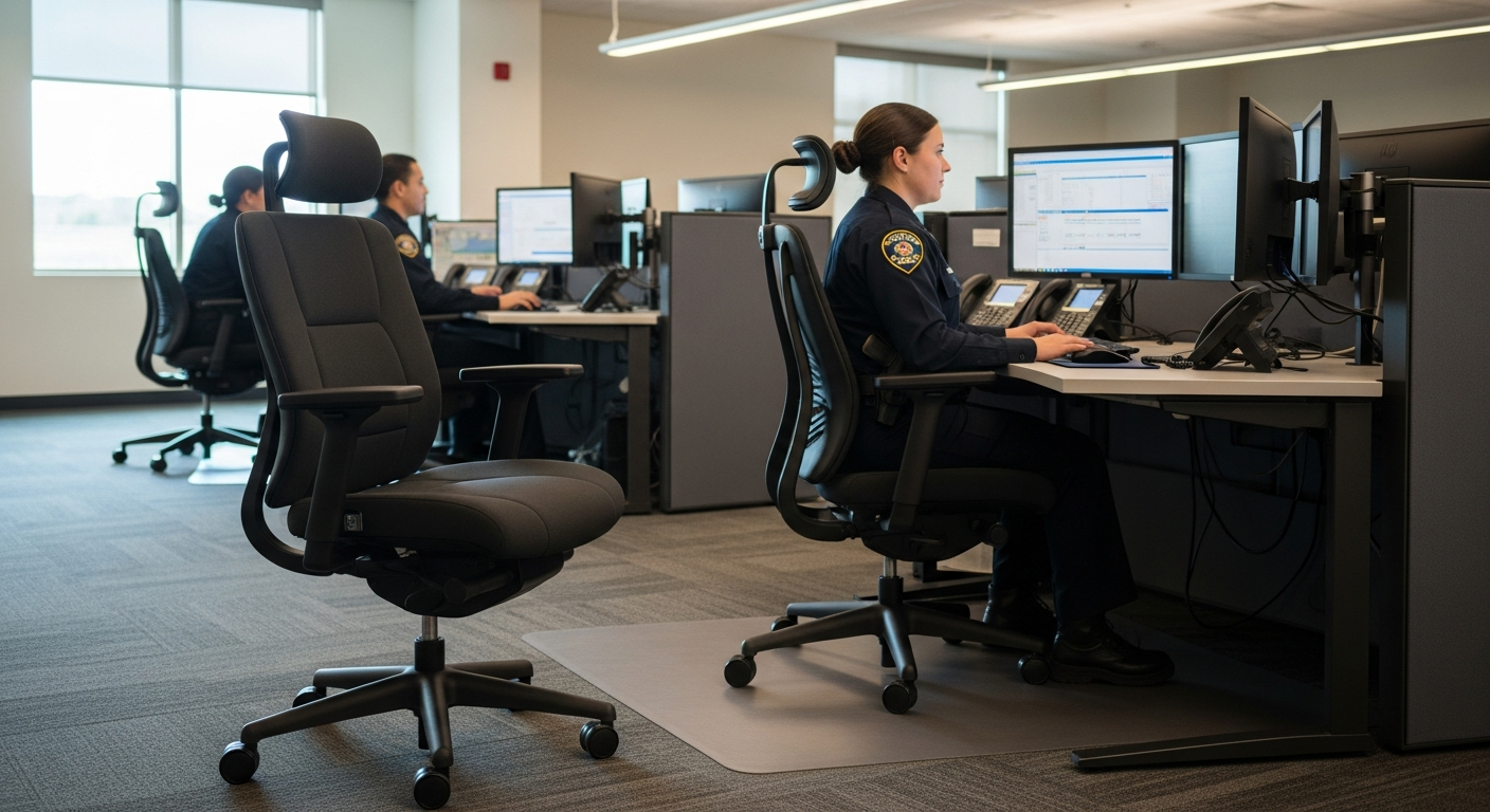 OFM 24/7 Heavy Duty Dispatch Chair in professional dispatch center environment with operator at workstation