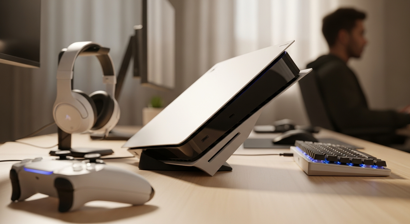 PlayStation 5 Digital Edition Slim console displaying 4K gaming with ray tracing and haptic feedback technology