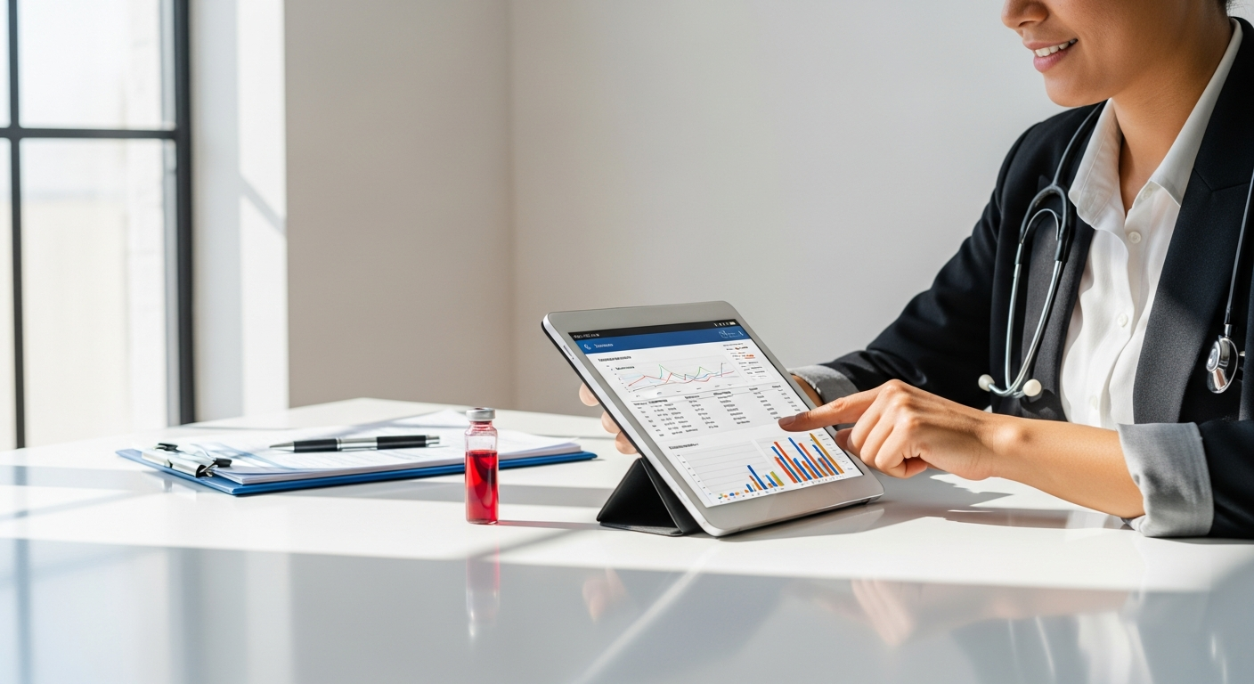 Medical professional analyzing comprehensive blood test results showing 57 biomarkers on digital screen