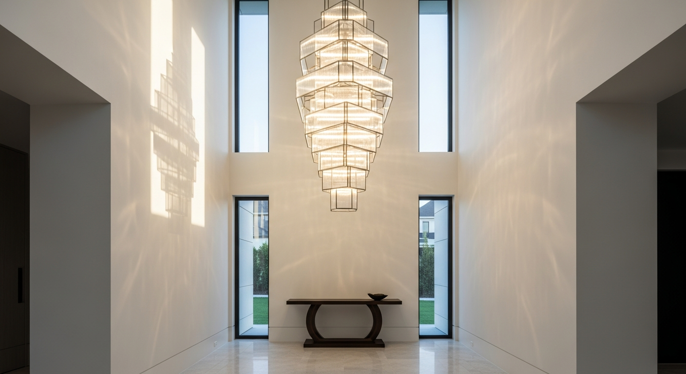 OROA Glass Layered Chandelier casting dramatic crystal light patterns in luxury foyer entryway