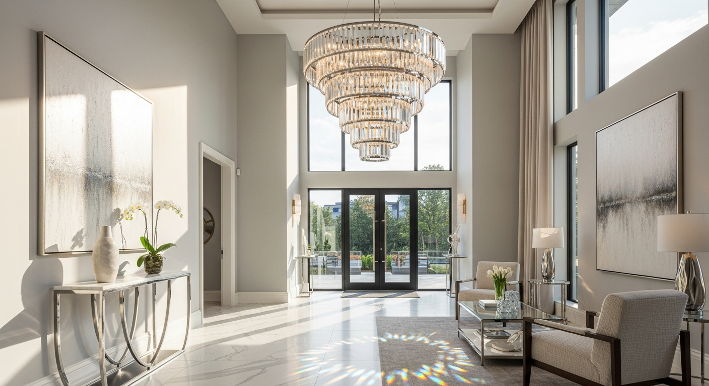 OROA Glass Layered Crystal Chandelier creating dramatic light patterns in luxury home entryway foyer