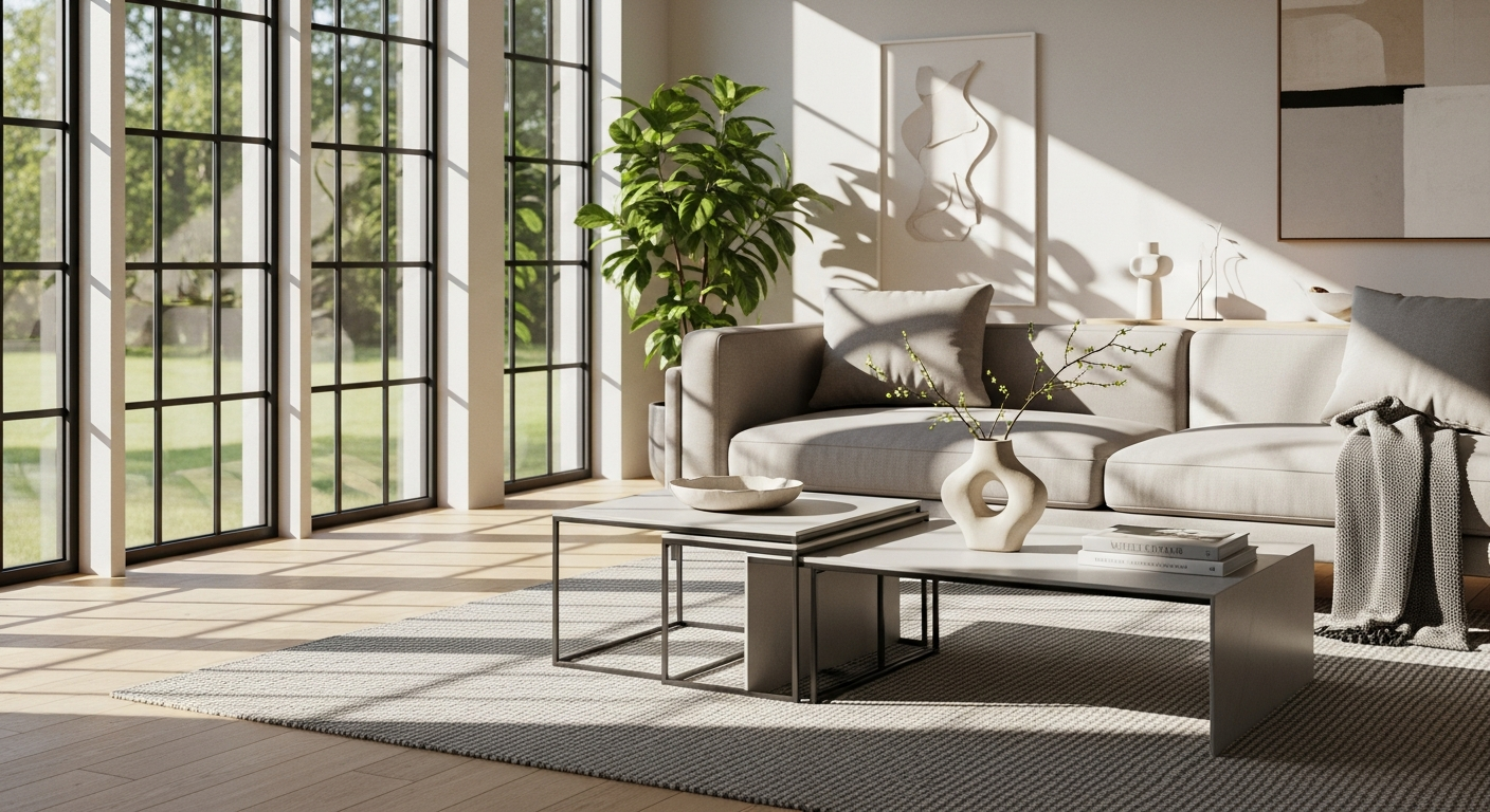 OROA Marquee Nesting Coffee Table Set with rustic gold iron construction and organic curved design in modern living room