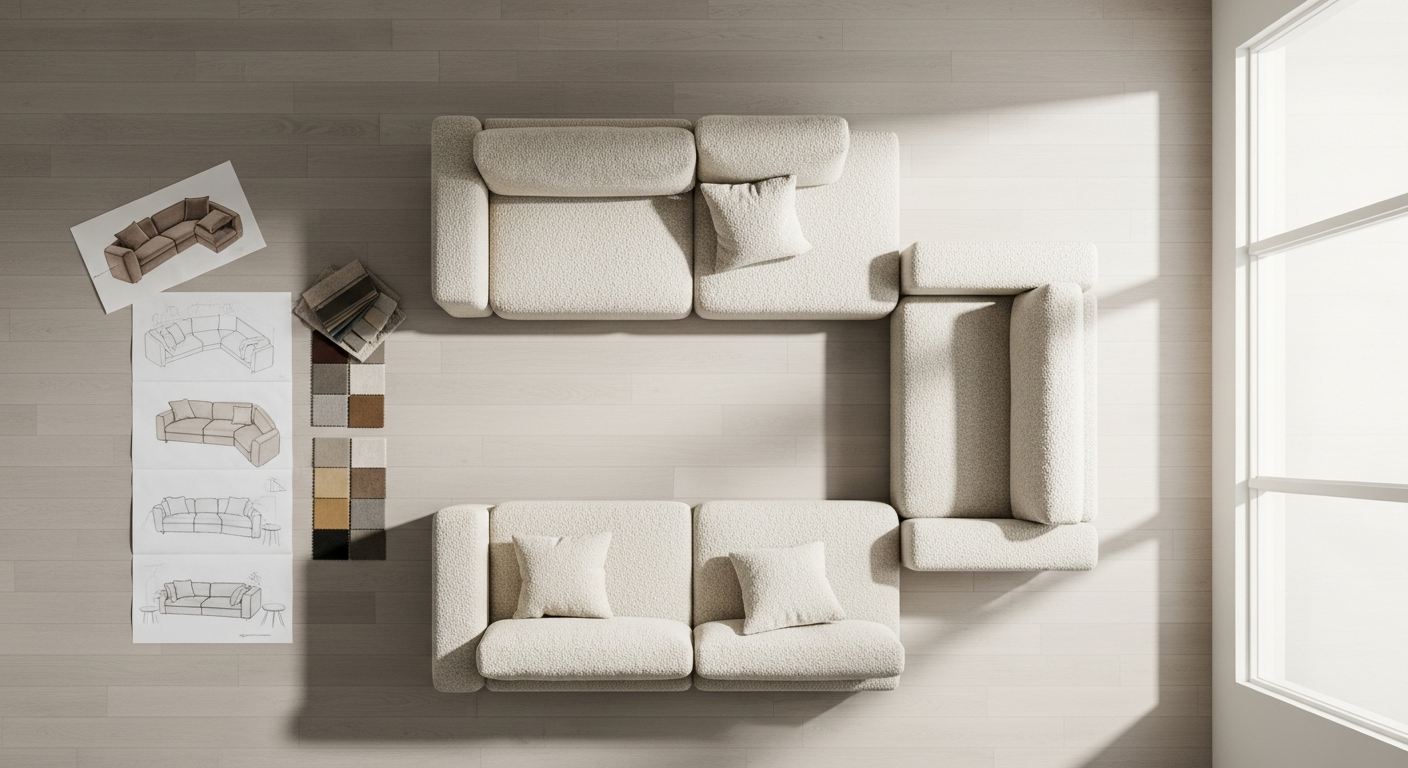 Cream boucle modular sofa with curved design and black base in modern living room