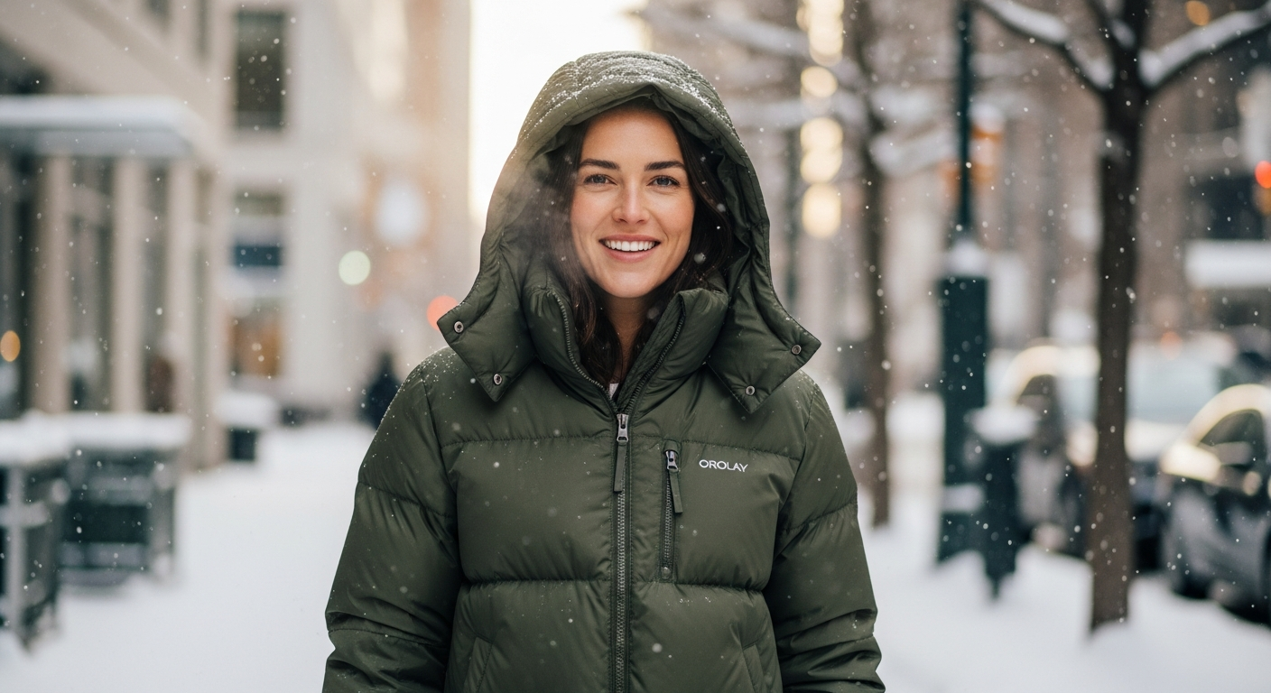 Orolay Women's Thickened Down Jacket displayed on a model wearing winter layering with professional styling