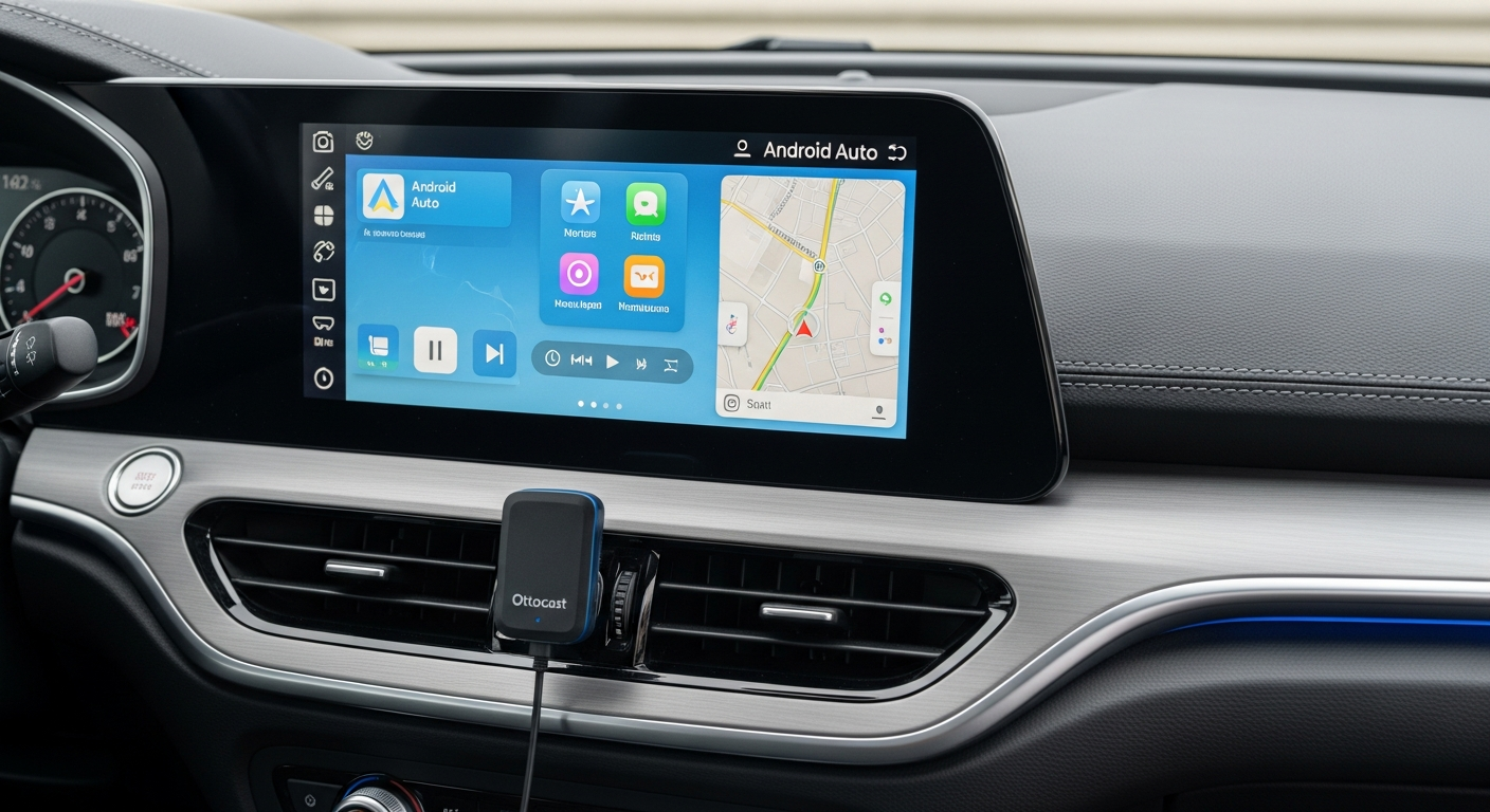 Ottocast A2Air wireless Android Auto adapter device displayed with smartphone and car dashboard