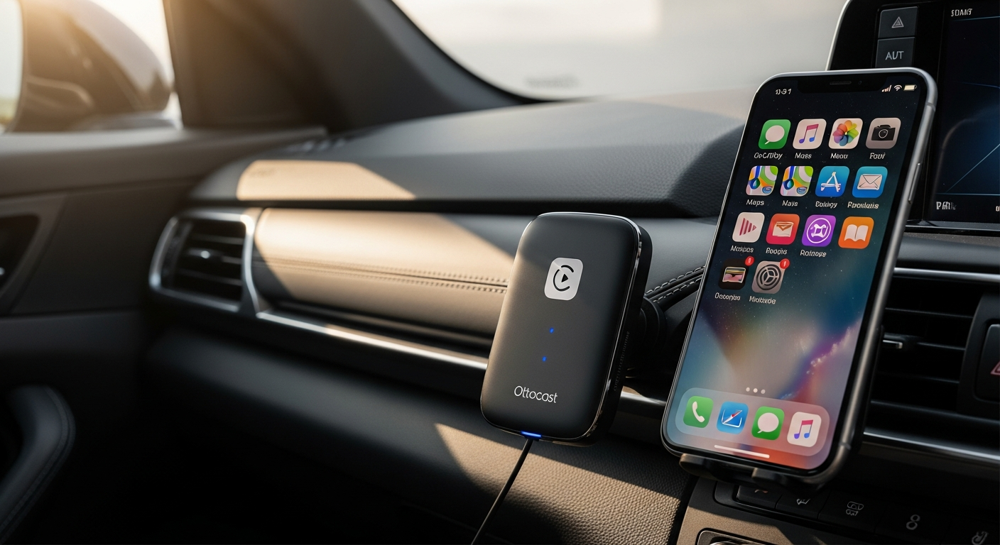 Ottocast U2-Air Wireless CarPlay Adapter displayed next to iPhone in modern car dashboard