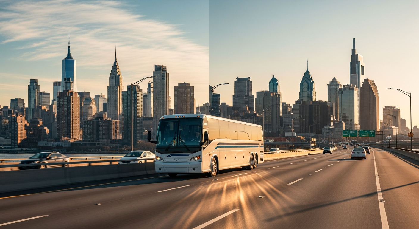 Modern OurBus intercity coach traveling on highway between New York City and Philadelphia