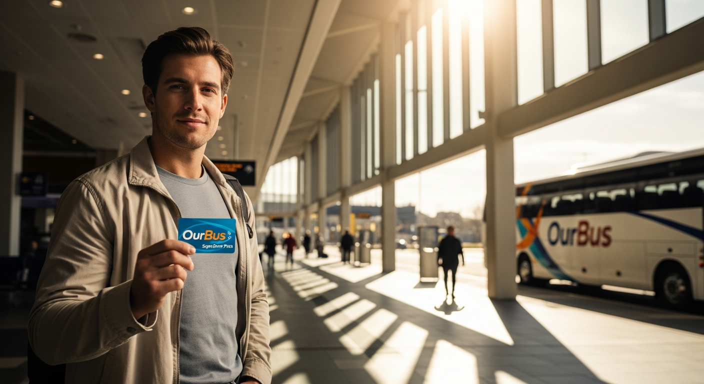 OurBus SuperSaver Pass prepaid discount card displayed with bus amenities and route map background