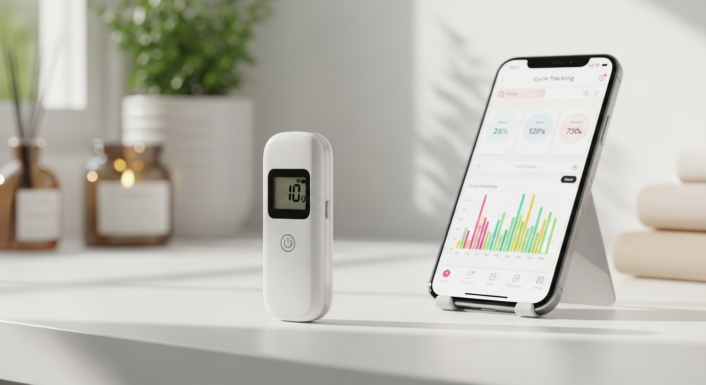 Ovy Bluetooth Basal Thermometer displayed with smartphone showing cycle tracking app interface