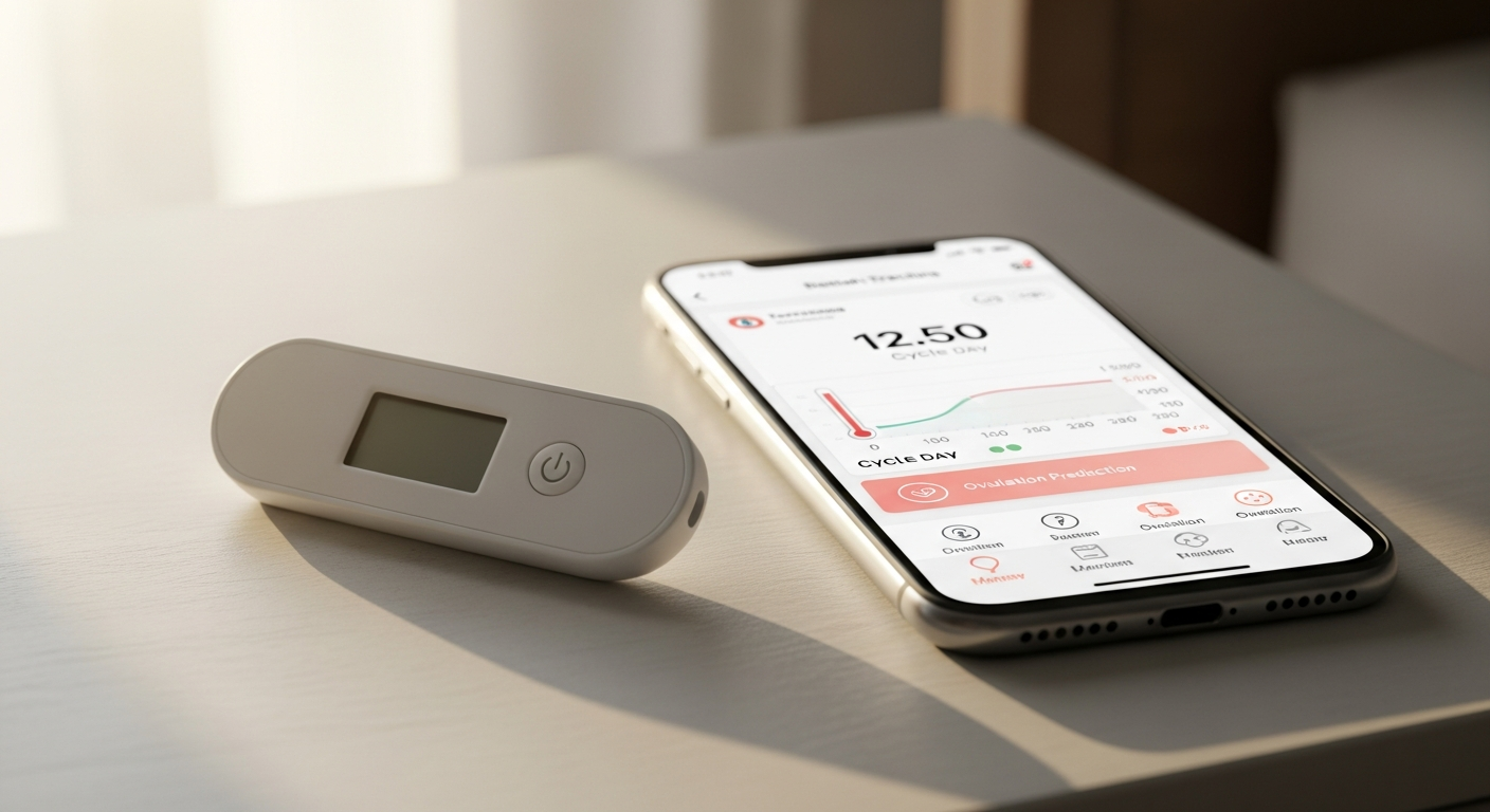 Ovy Bluetooth Basal Thermometer with illuminated display showing temperature reading next to smartphone displaying Ovy app cycle chart