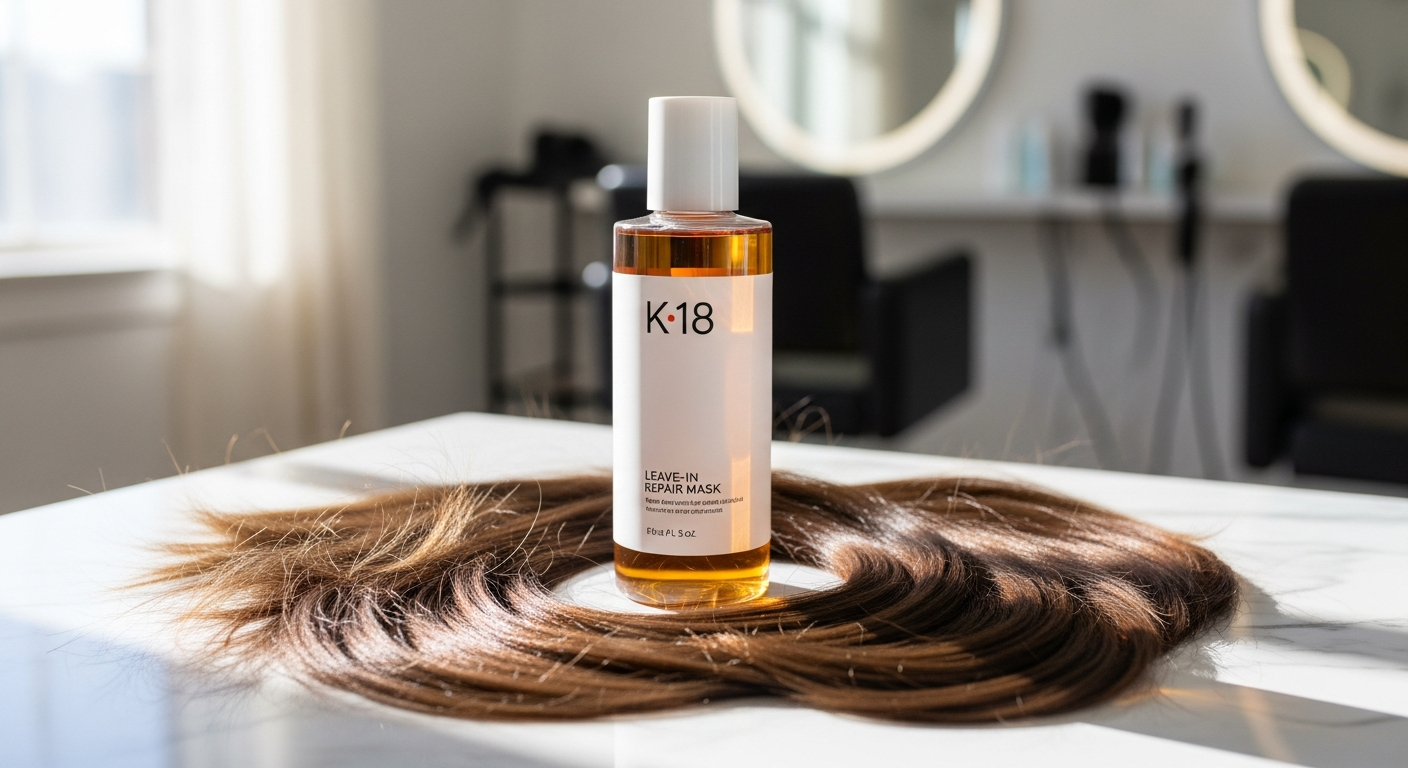 K18 Leave-In Molecular Hair Repair Mask bottle with damaged hair strands showing repair transformation