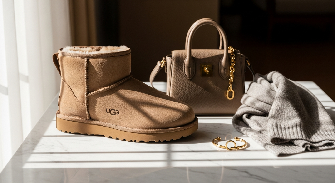 UGG Classic Ultra Mini Boot in neutral suede with sheepskin lining displayed on white background