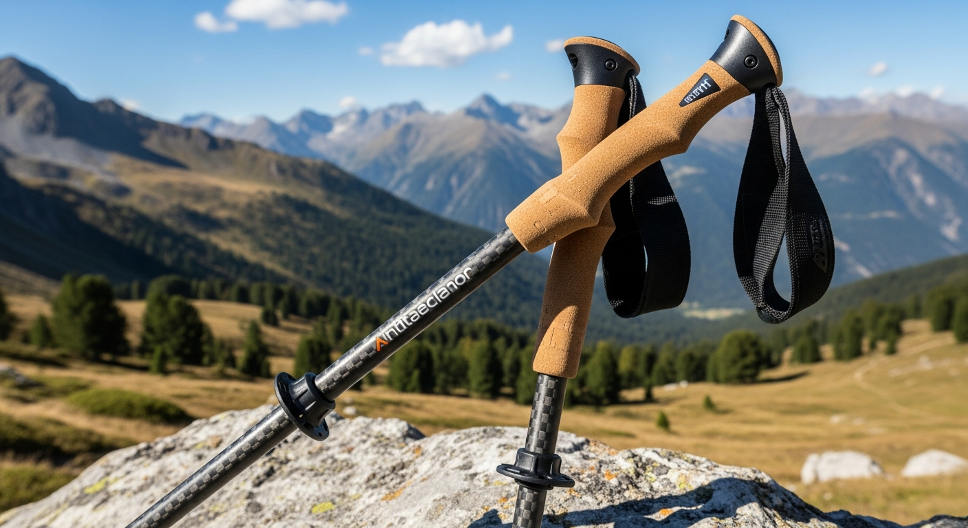 Lightweight carbon fiber trekking poles with cork handles displayed on mountain trail