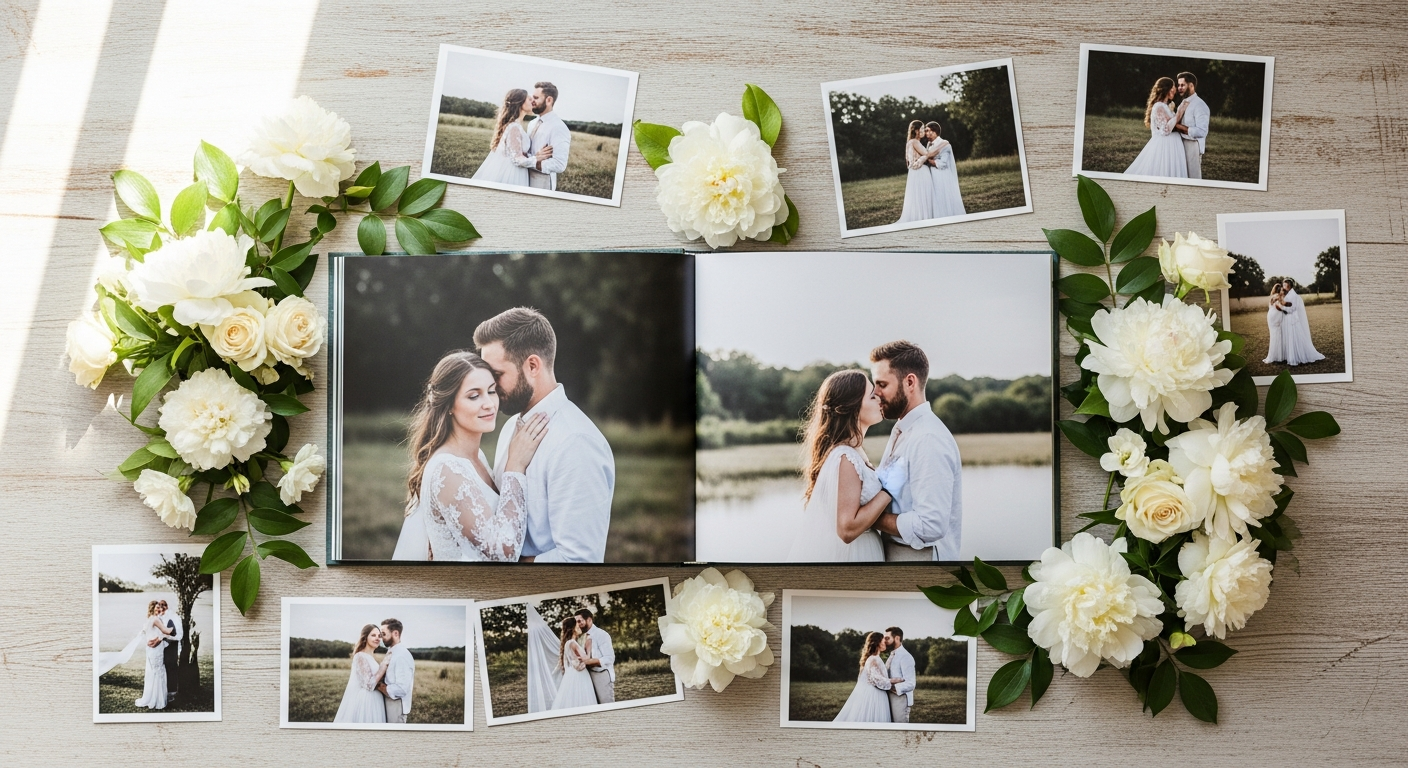 Custom hardcover photo book with lay-flat binding displaying wedding photos and milestone memories