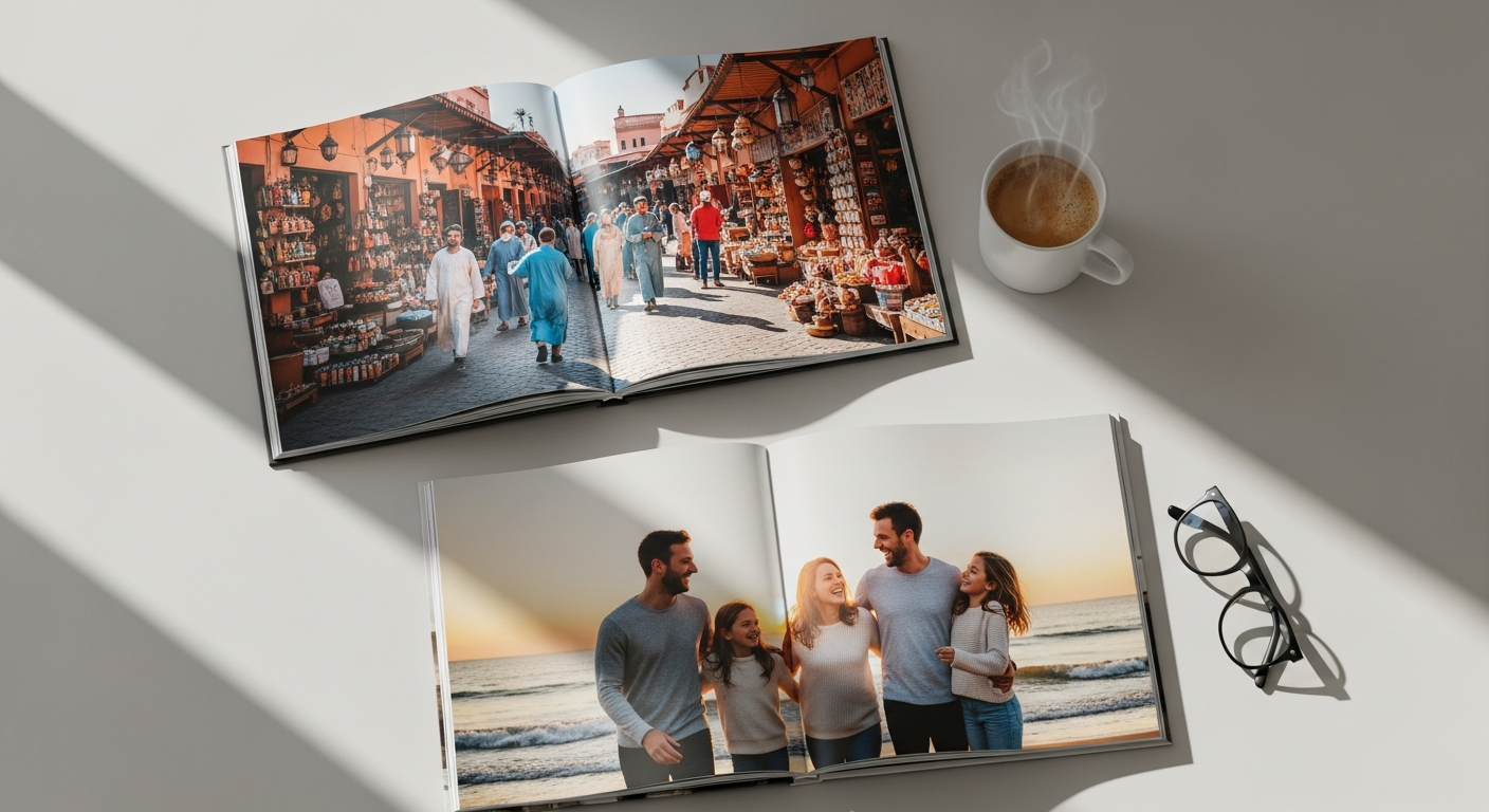 Custom hardcover photo book with imagewrap cover displayed on wooden table with coffee cup