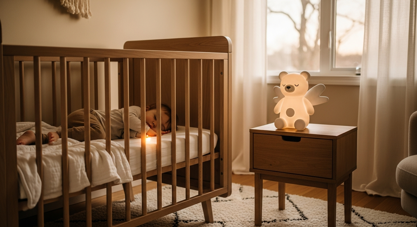 Moonie Humming Bear Sleep Aid plush toy with soft organic cotton exterior and integrated light technology for infant comfort