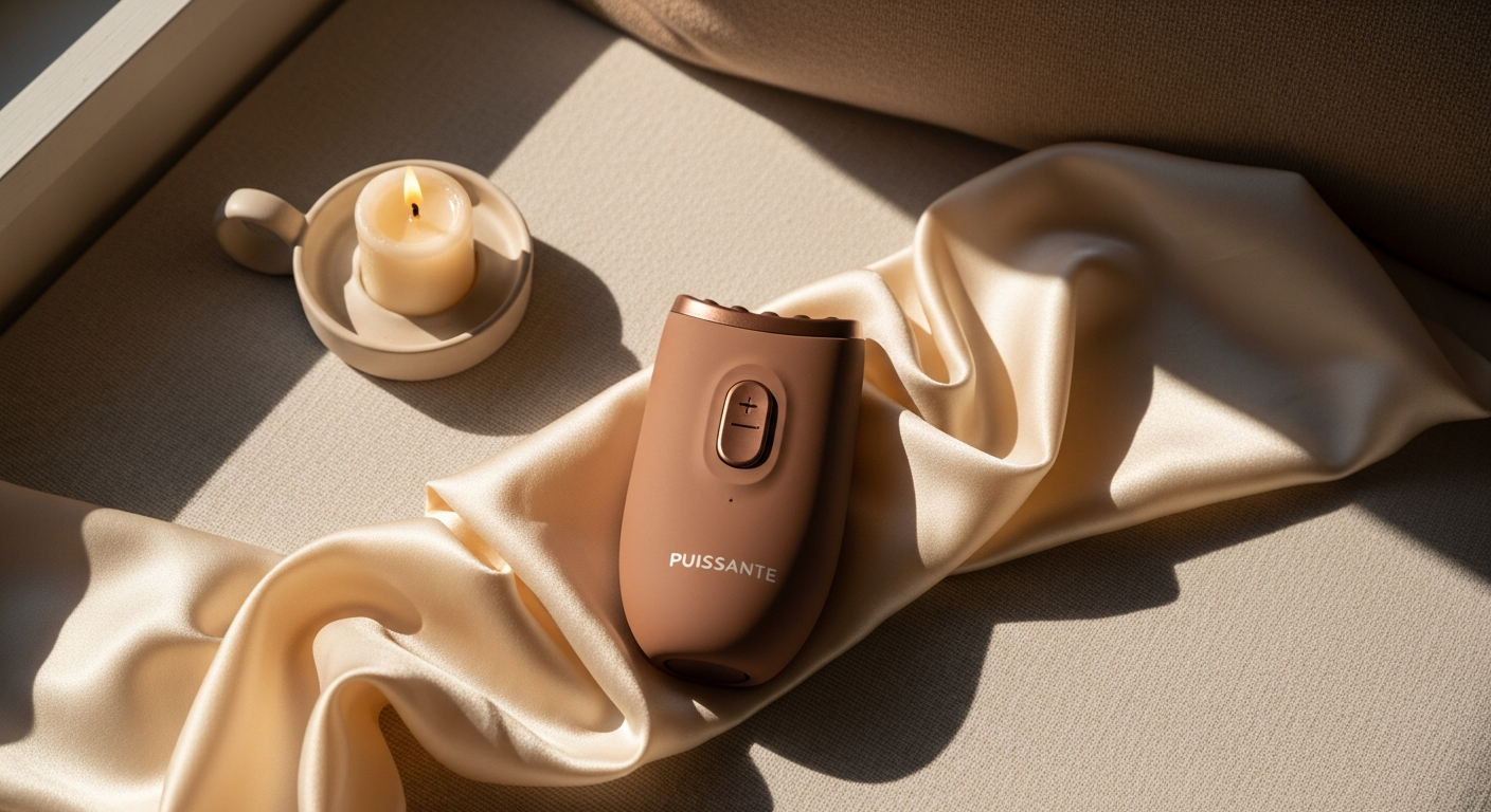 Puissante Coco dual stimulation vibrator displayed with product packaging and wellness branding elements