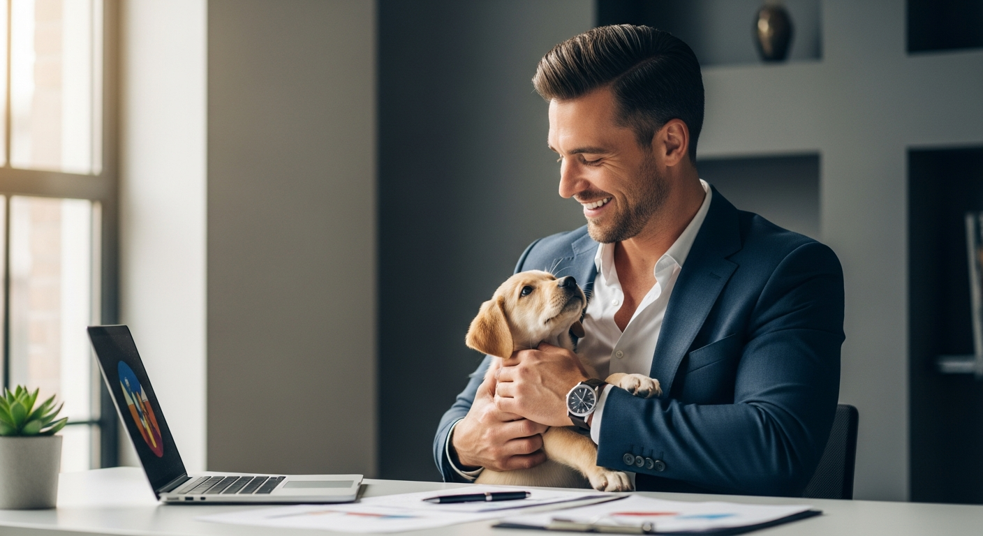 Busy professional holding adorable puppy from PuppySpot delivery service at home