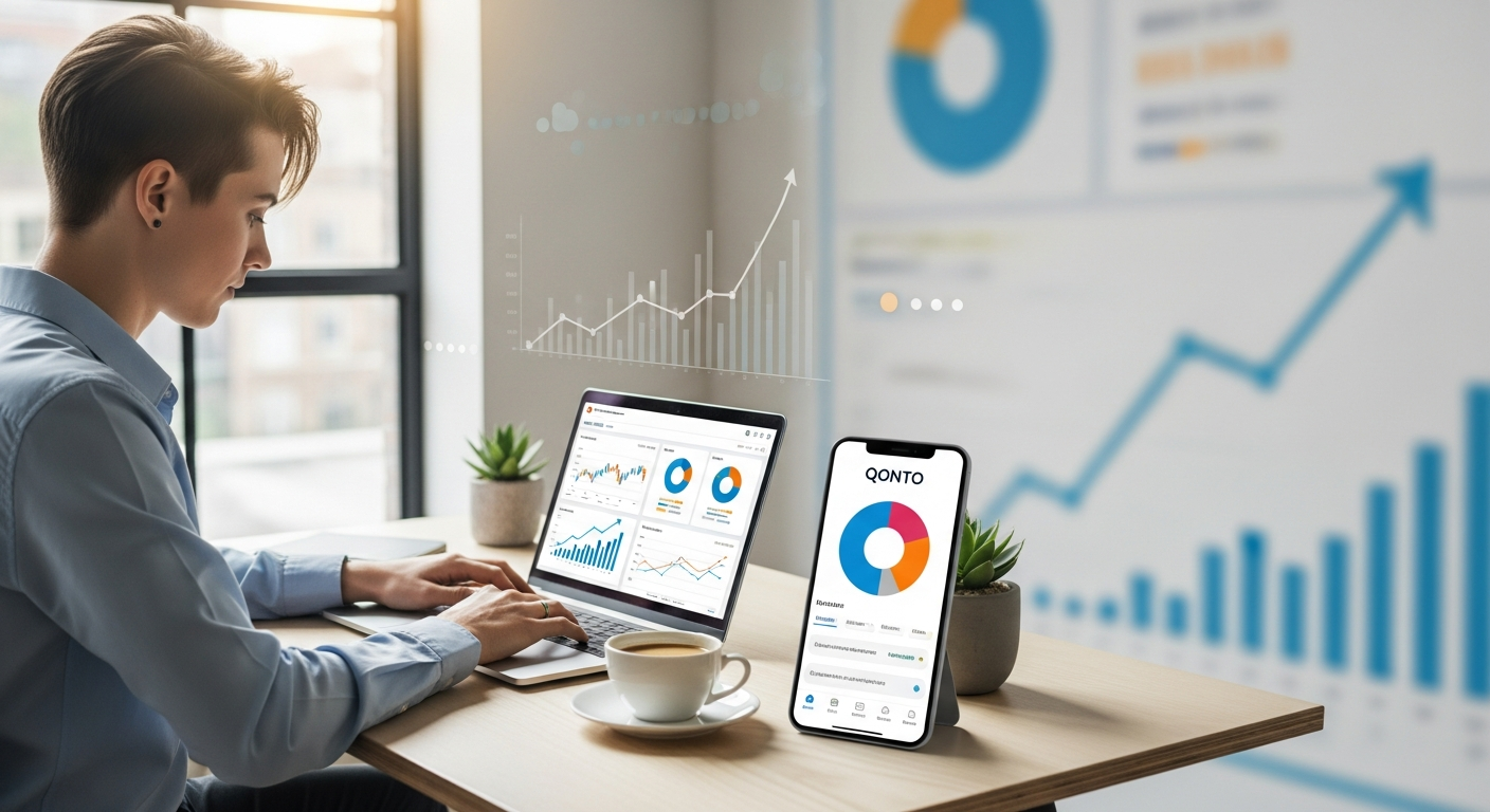 Qonto Smart Business Account Plan dashboard showing dual user access, SEPA transfer limits, and accountant portal features for freelancers